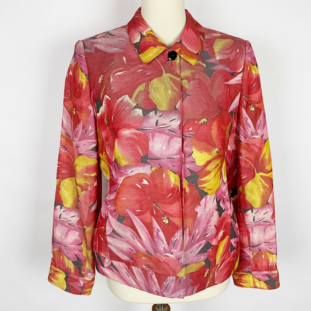 Doncaster Tropical Hibiscus‎ Floral Silk Linen Blend Jacket Womens 10 Red Pink